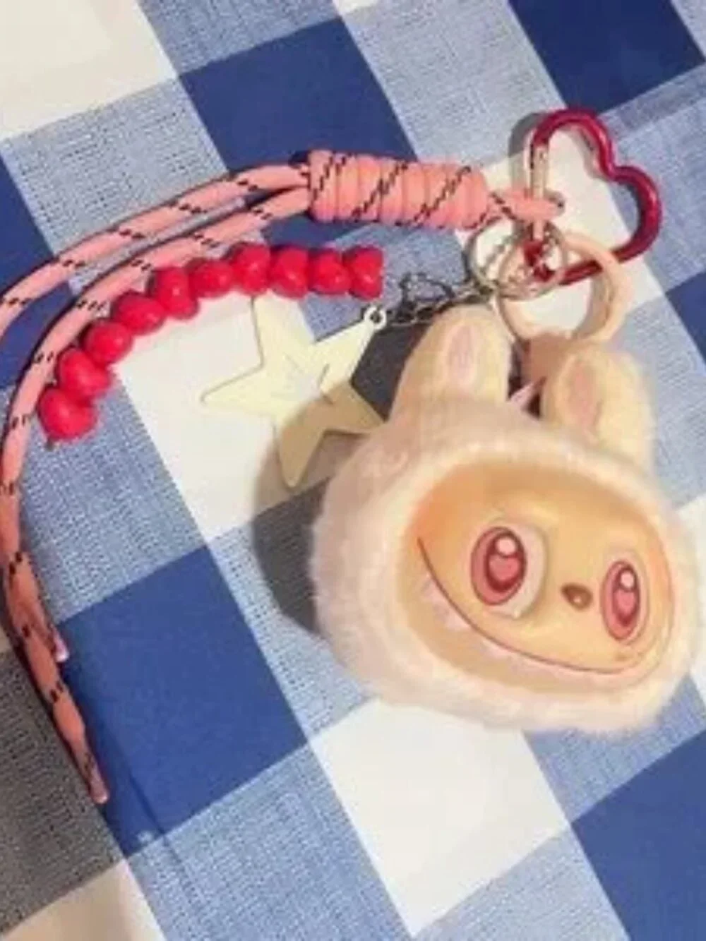 Cute Plush Labubu Keychain with Pink and Red Accents
